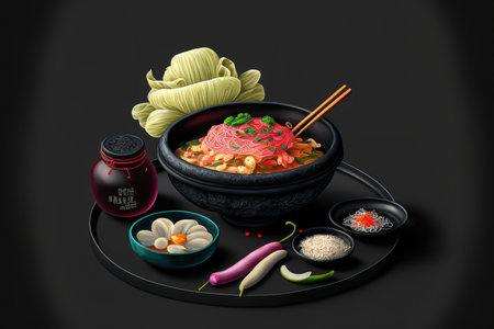 Korean cuisine with pickled radish, pickled cabbage, and a black bowl of kimchi on a dark backgroundの素材