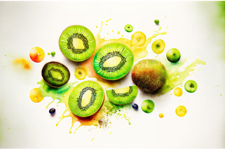 Kiwis are used in a creative arrangement with watercolor spots on a white background. Lay flat. notion of foodの素材