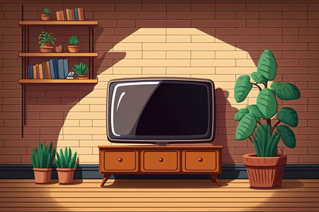Living room led tv on brick wall with wooden table and plant in pot empty interiorの素材