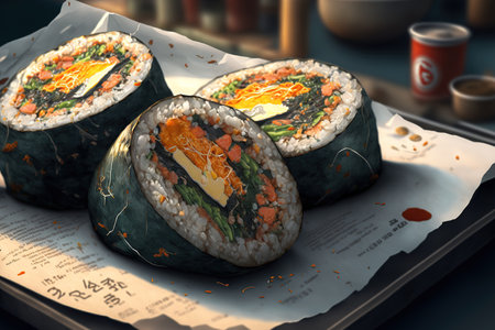 Korean kimbap known as mayak gimbap was offered for sale outside at a street food market in Busan, South Koreaの素材