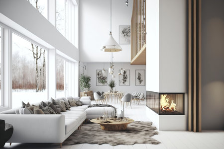 Large living area made of white and wood with a contemporary fireplace and couchの素材