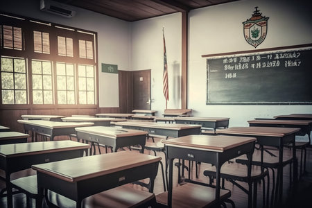 Lecture room or School empty classroom with desks and chair iron wood for studying lessons in high school Thailand, interior of secondary education, with whiteboard, vintage tone educational conceptの素材