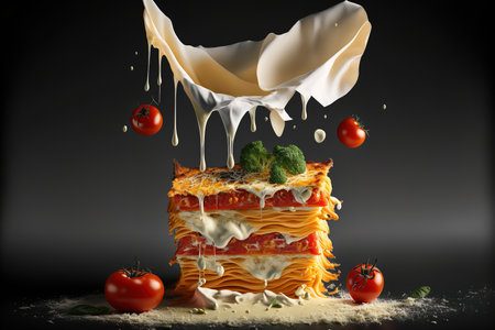 Lasagne, cheese, tomato, sauce, and parmesan food photographyの素材