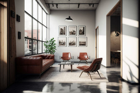 Leather couches are positioned in a corner of a stylish office waiting area with concrete floors, white walls, and open space in the backdropの素材