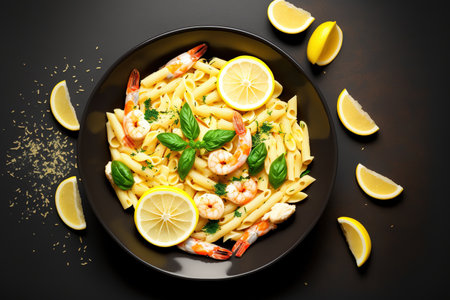 Lemon and garlic flavored penne pasta with shrimp or prawns, top view, copy space. shrimp cooked with lemon sauce and other fresh seafoodの素材