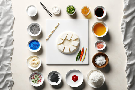 Korean rice roll ingredients as seen from the top, displayed on a white marble tableの素材