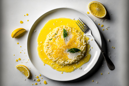Lemon risotto with parmesan, zest, and juice on a light gray background. looking up. Copy spaceの素材