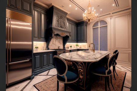 Los Angeles, February 27, 2021 Elegant furniture is present in the opulent kitchen of the grand residential mansion. Modern ideas for architecture and interior designの素材