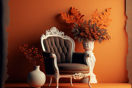 Luxury armchair on brown and beige background. Advertisement idea. Creative composition. Aristocratic interior. Autumn seasonの素材