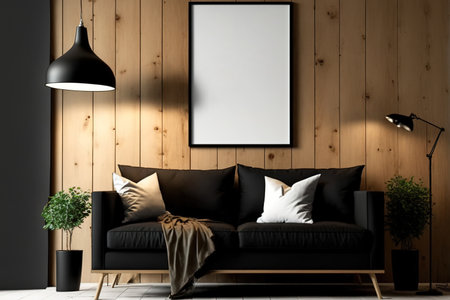 Living room wood wall mockup with black sofa, floor light, template, and modern loft interior design and poster framesの素材