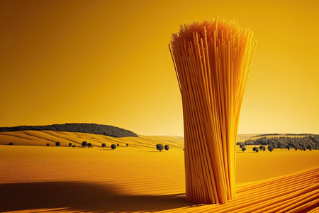 Long yellow spaghetti set against a rural backdrop. Italian pasta is yellow. extended spaghetti. spaghetti bolognese served raw. uncooked spaghetti Food related background idea. Italian cuisine and meの素材