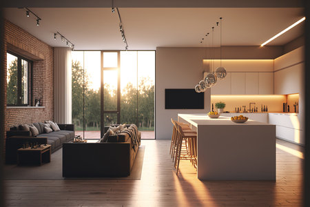 Luminous contemporary living room with kitchen in the distanceの素材