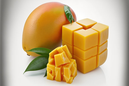 Mango fruit with slices and cubes of mango. on a white background, aloneの素材