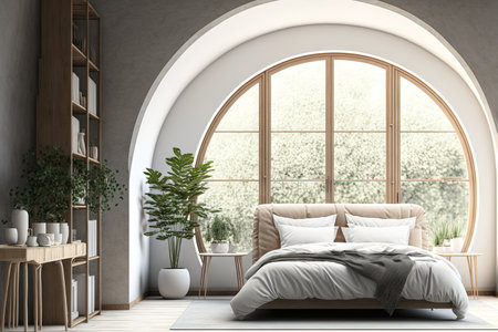 Luxurious minimalist interior design in the bedroom. a concrete tile floor, arched passageways, and wood material are used in a huge windowed flatの素材