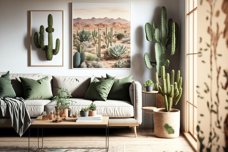 Luminous living room with sofa, artwork, and wood coffee tableの素材