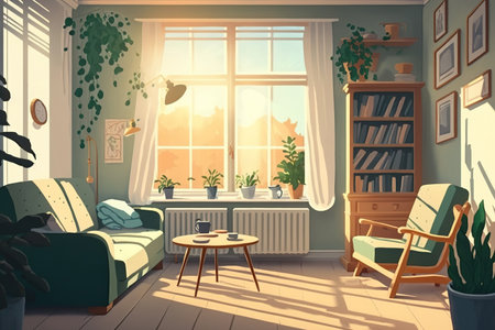 Low angle view of a scandinavian, sunlit living room interior with a gray armchair, sofa, and a big window. Real photoの素材
