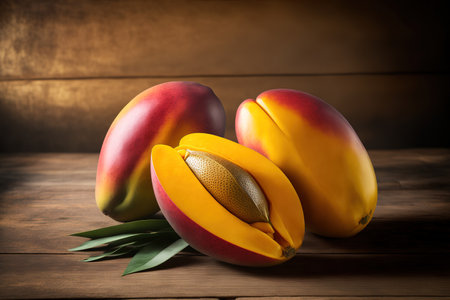Mango halves and entire ripe mangos up close. ripe mangos just picked on a wooden background. mango up closeの素材