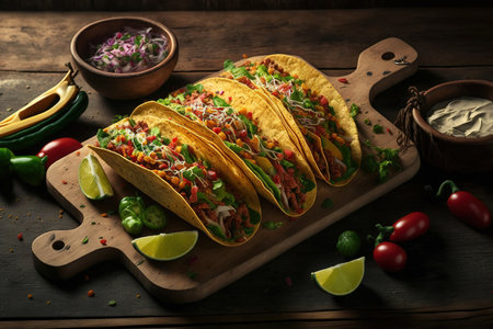 Mexican spicy snack tacos that are delicious and homemade. Vegetable filled tacos are a popular Mexican foodの素材