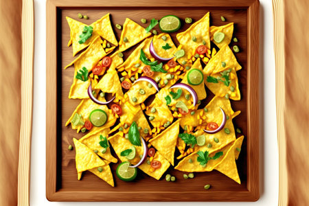 Mexican corn chip nachos with cheese dip, salsa, and guacamole. Vegan healthy nachos snack, top view, isolated on white. Nacho tortilla chips on a wooden boardの素材