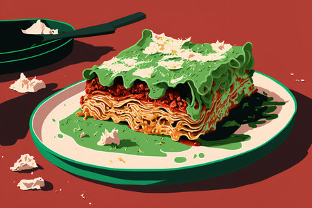 lasagna serving on a green plateの素材