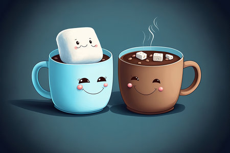 Men from the marshmallow can rest with mugs of hot chocolate. picture of a pairの素材