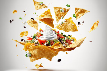 Mexican nachos flying in the air, isolated on a white backgroundの素材
