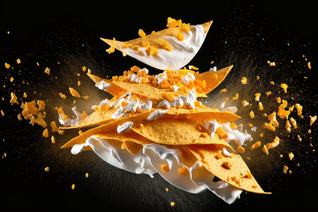 Mexican nachos flying in the air, isolated on a black backgroundの素材