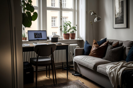 living room of a modest flat used as a home office. Renting real estate and house stagingの素材