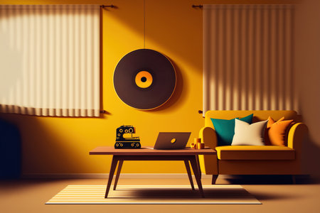 living room design in interior. Square wooden table that appears realistic. Yellow and brown cloth for a chair. On the wall, a blue vinyl record is hanging. a really simple composition. Image in vectoの素材
