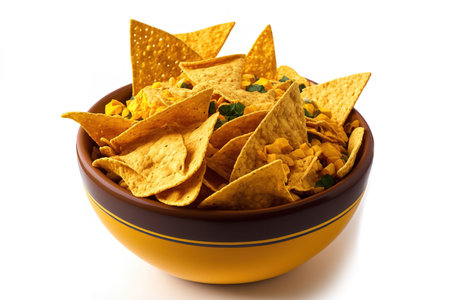 Mexican nacho chips in a ceramic bowl against a white backgroundの素材