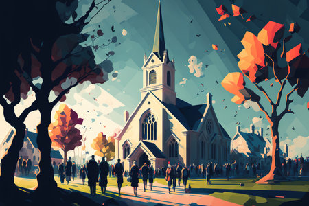 local church illustration of an abstract notion. Families making their way to the neighborhood church, neatly dressed folks attending Sunday mass, neighborhood social life, and religious peopleの素材