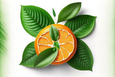 mandarin isolated on a white backdrop, top view, with slices and a green leafの素材
