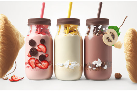 Milkshake collection in jars. Strawberry, banana, and chocolate milkshakes on a white background with nuts and coconut. dessert for summer. wholesome food looking upの素材