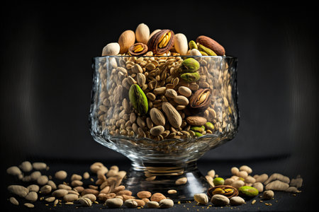 Mix Close up of nuts in a glass against a dark background with peanuts in it. sunburst seeds squash seeds Pistachios and cashew nutsの素材