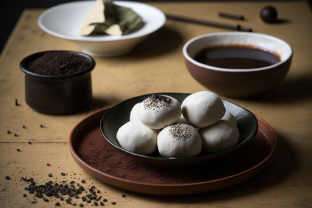 Mochi chocolate balls on a wooden tableの素材