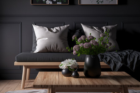 Modern home furnishings with a wooden coffee table and a black sofa with pillows. A wooden bench with grey vases and spring flowers sits inside a small, dark room. Scandinavian interior designの素材