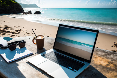 Mockup of a laptop with an empty screen, a camera, a notebook, and a coffee cup on a table at an early sunrise with a blue ocean background, working on the beach, doing freelance job, and a tourist onの素材