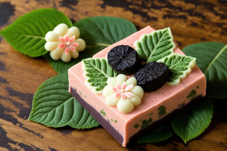 Mochi pink brownies with butter cream and currants with bumbu leaves, a delectable treat from Japanの素材