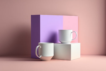 Mockup of a minimalist cup. White cups against a colorful background. violet pink geometric background with trendy cup. copy roomの素材