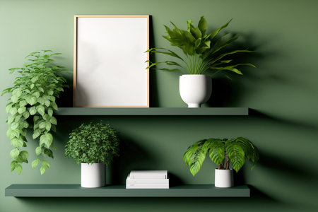 Mockup of a green wall inside with a shelf and a green plantの素材