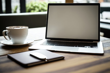 Mockup of a laptop computer with a blank screen, a coffee cup, and a smartphone on a table in a coffee shopの素材