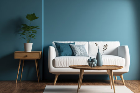 Modern living room design concept with a mid century and minimalist aesthetic, featuring a white sofa and wood table on a blue wall and wood floorの素材
