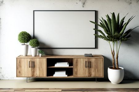 Mockup of a simple, minimalist TV cabinet for the inside wallの素材