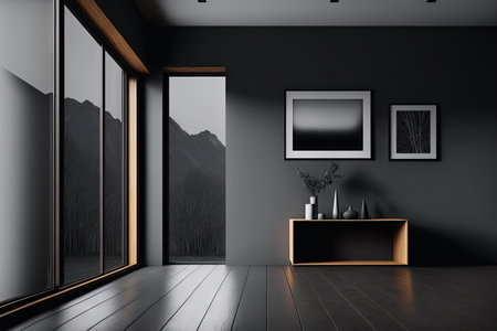 Modern dark real estate flat room home interior background, wall mock up with table, parquet, window photo banner. Minimalist trendy styleの素材