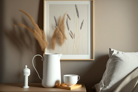 Mockup of a white frame on a vintage wooden nightstand. A cup of coffee with a contemporary white ceramic vase with dried Lagurus ovatus grass. Scandinavian home with cushions made of velvet and beigeの素材