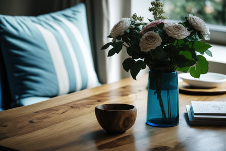 Modern home with a wooden table and a blue vaseの素材