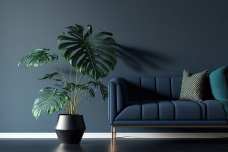 Modern living room interior with a portion of a black sofa next to a monstera deliciosa plant on a table against a monochrome navy blue wall. an uneven floor. Copy space real pictureの素材