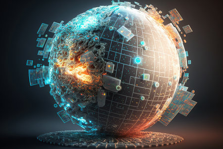 Multiple exposures of the concepts of artificial intelligence and neural networks with a holographic representation of an abstract programming language and a globe map on a computerの素材