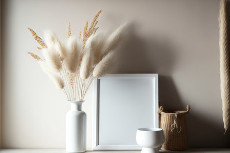 Mockup of an empty picture frame on a wooden table in a room. Vase with white miniature dwellings and dried pampas grass. Inside of an elegant, pleasant home. Scandinavian style in decorating. Scandinの素材
