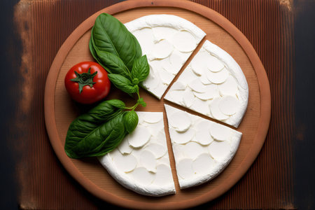 Mozarella cheese slices are displayed on a circular wooden boardの素材